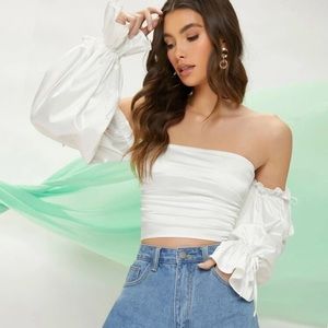 Off the shoulder ruched satin crop top